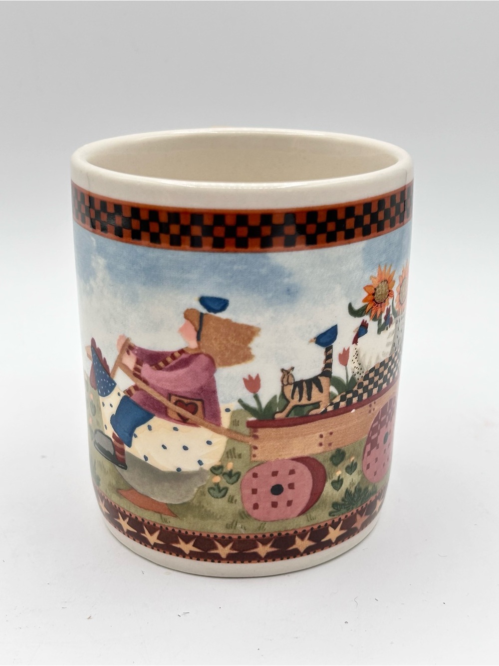 Williraye Studio Girl Riding Hen Mug Ceramic Wagon Sunflowers Bluebirds 12 oz